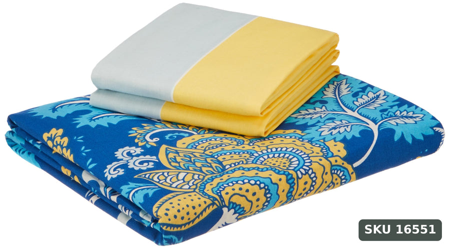 Yanchi Floral Foliage 144 TC 100% Cotton Double Bedsheet with 2 Pillow Covers, Navy Blue - SKU 16551