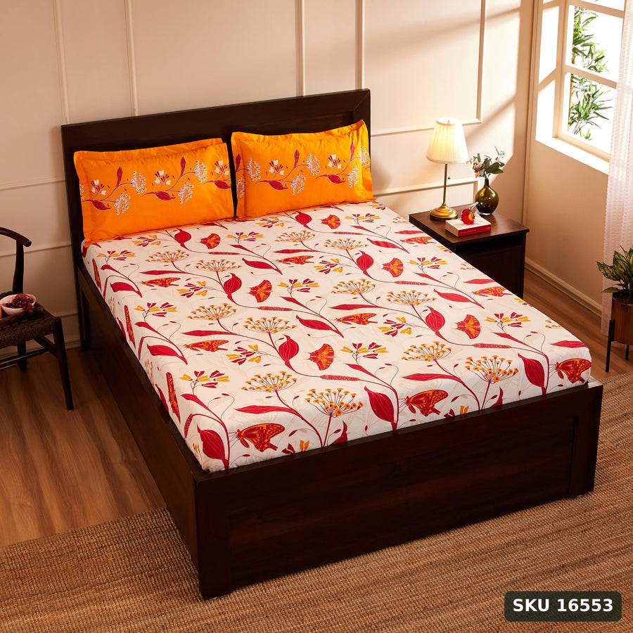 Yanchi Lily Bloom 144Tc 100% Cotton Double Bedsheet With 2 Pillow Covers, Brown - SKU 16553