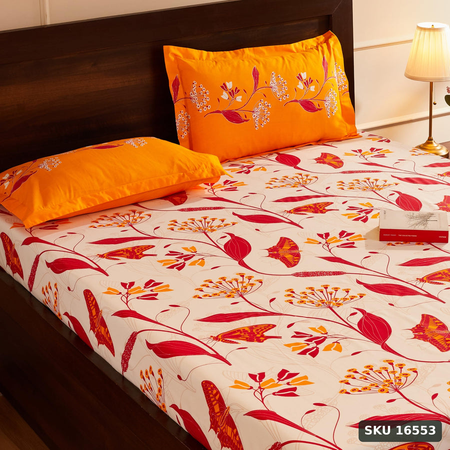 Yanchi Lily Bloom 144Tc 100% Cotton Double Bedsheet With 2 Pillow Covers, Brown - SKU 16553