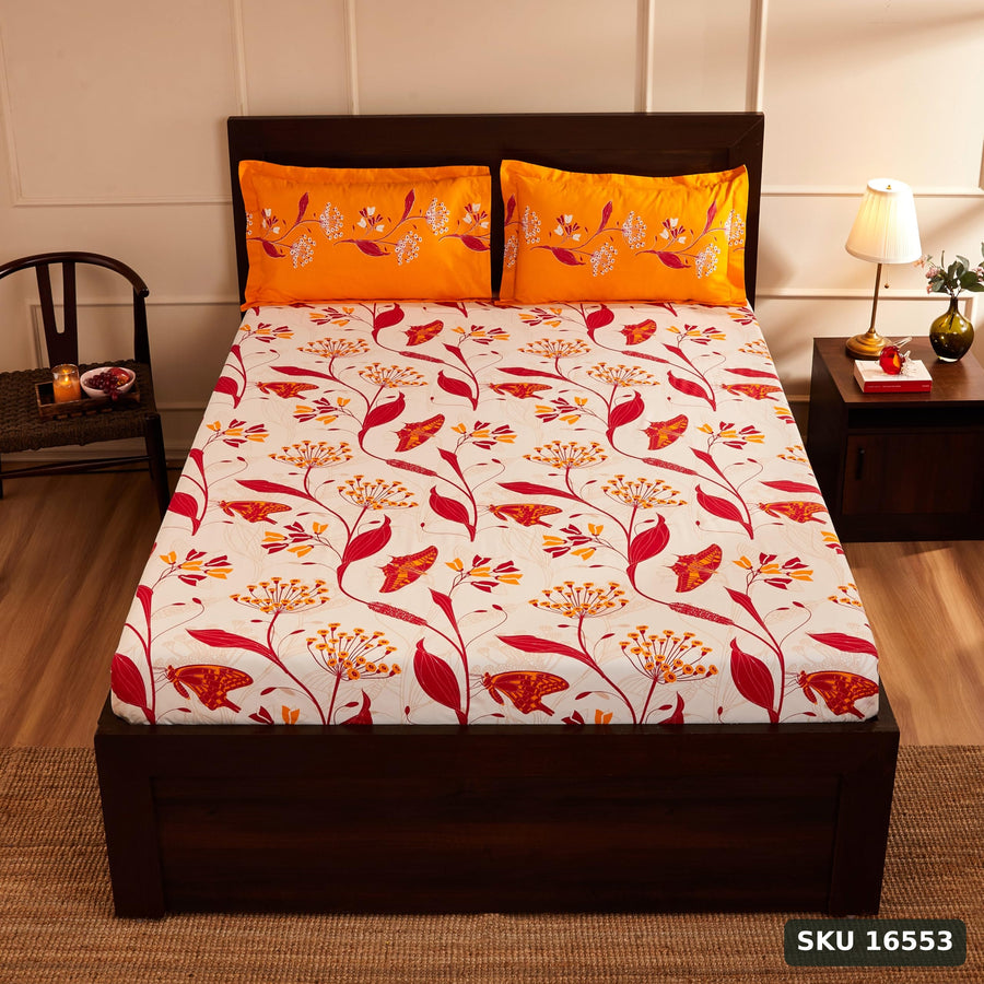 Yanchi Lily Bloom 144Tc 100% Cotton Double Bedsheet With 2 Pillow Covers, Brown - SKU 16553
