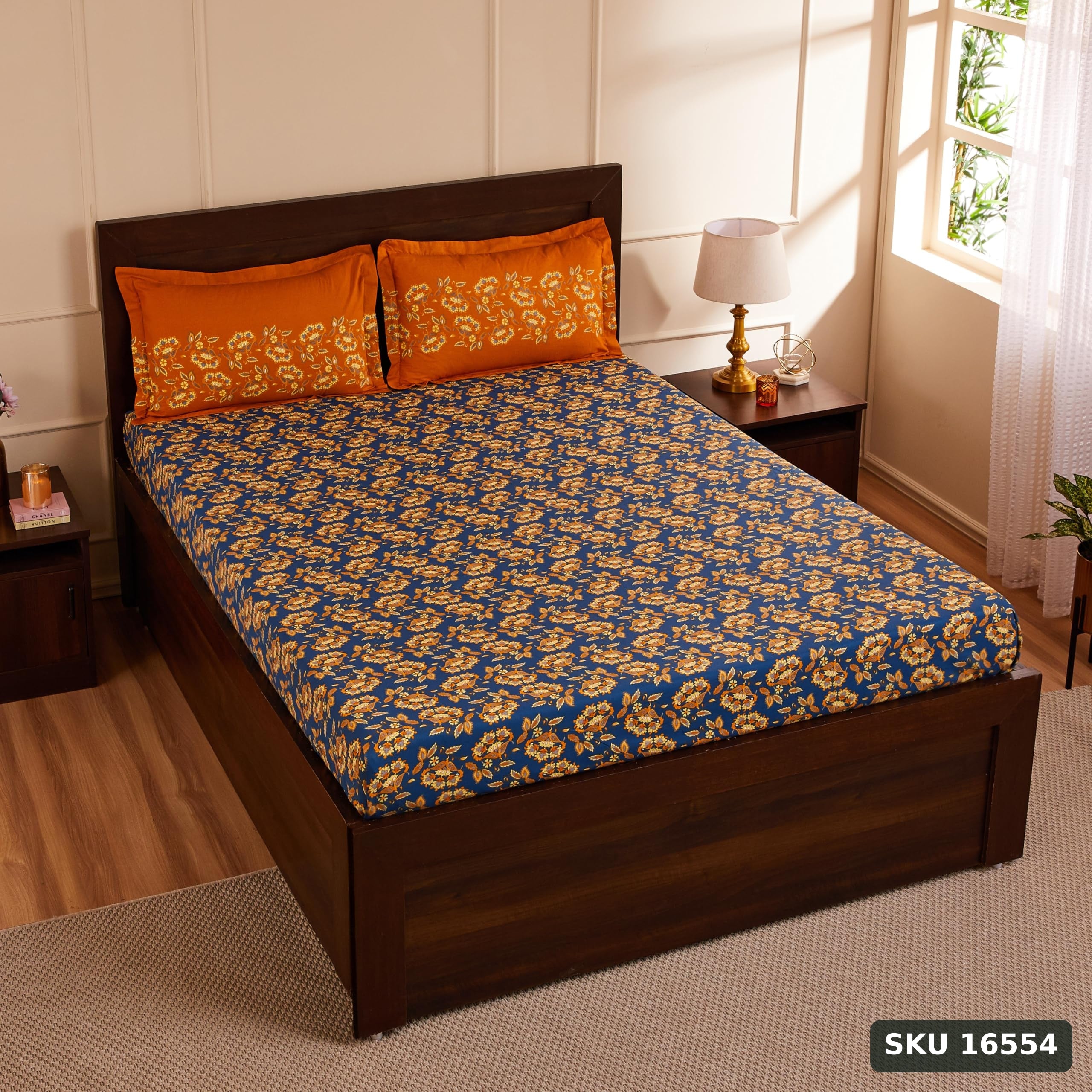 Yanchi Ditsy Dale 144 TC 100% Cotton Double Bedsheet with 2 Pillow Covers, Blue, 144 TC - SKU 16554