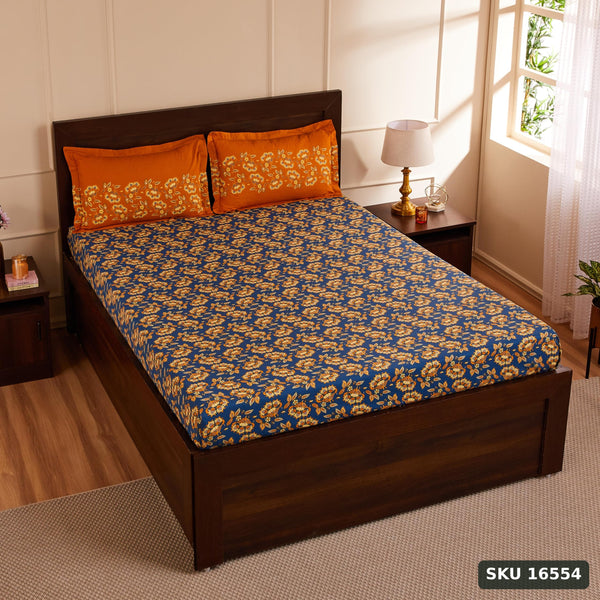 Yanchi Ditsy Dale 144 TC 100% Cotton Double Bedsheet with 2 Pillow Covers, Blue, 144 TC - SKU 16554