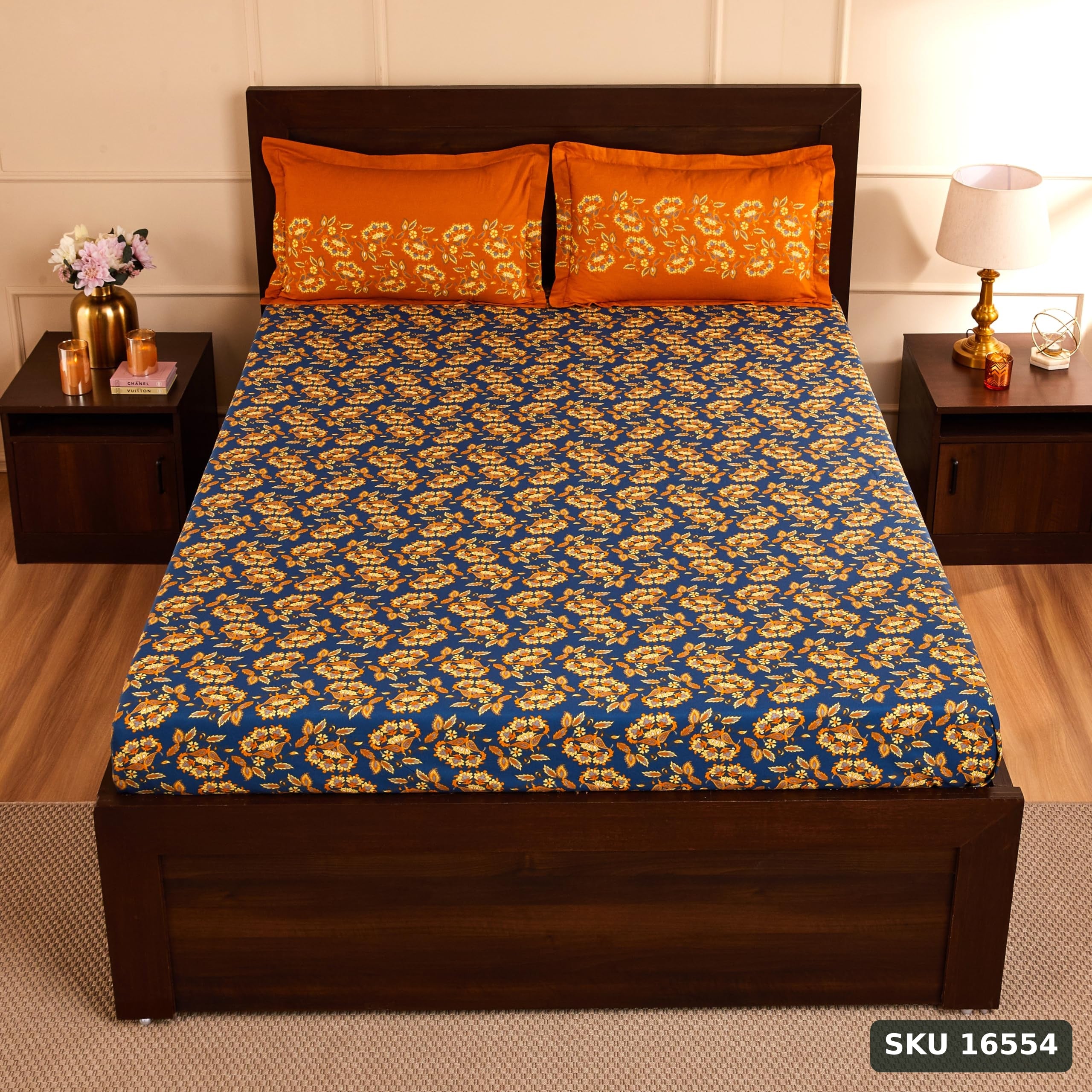 Yanchi Ditsy Dale 144 TC 100% Cotton Double Bedsheet with 2 Pillow Covers, Blue, 144 TC - SKU 16554