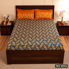 Yanchi Ditsy Dale 144 TC 100% Cotton Double Bedsheet with 2 Pillow Covers, Blue, 144 TC - SKU 16554