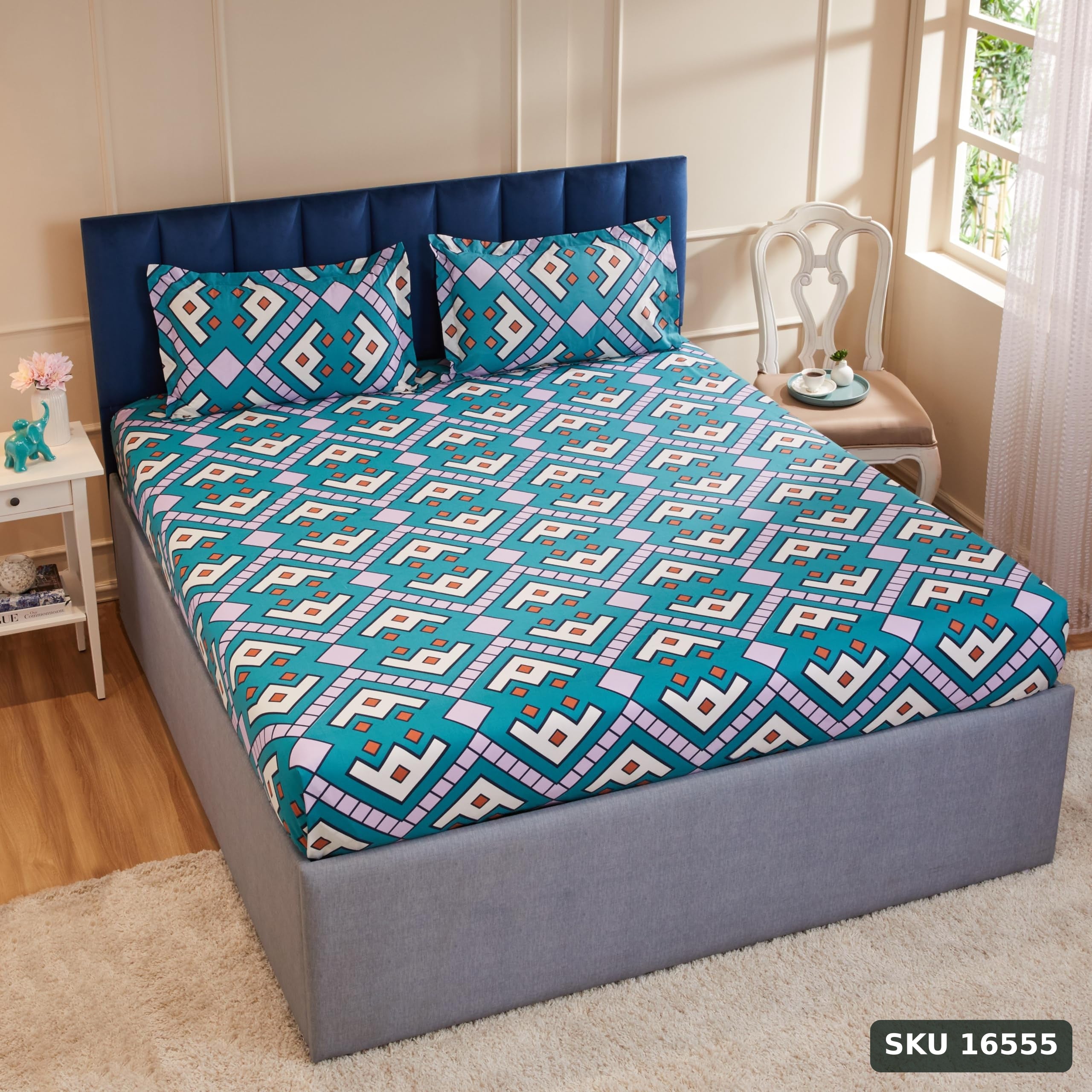 Yanchi Geometric Contour 144 TC 100% Cotton Double Bedsheet with 2 Pillow Covers, Teal Blue - SKU 16555