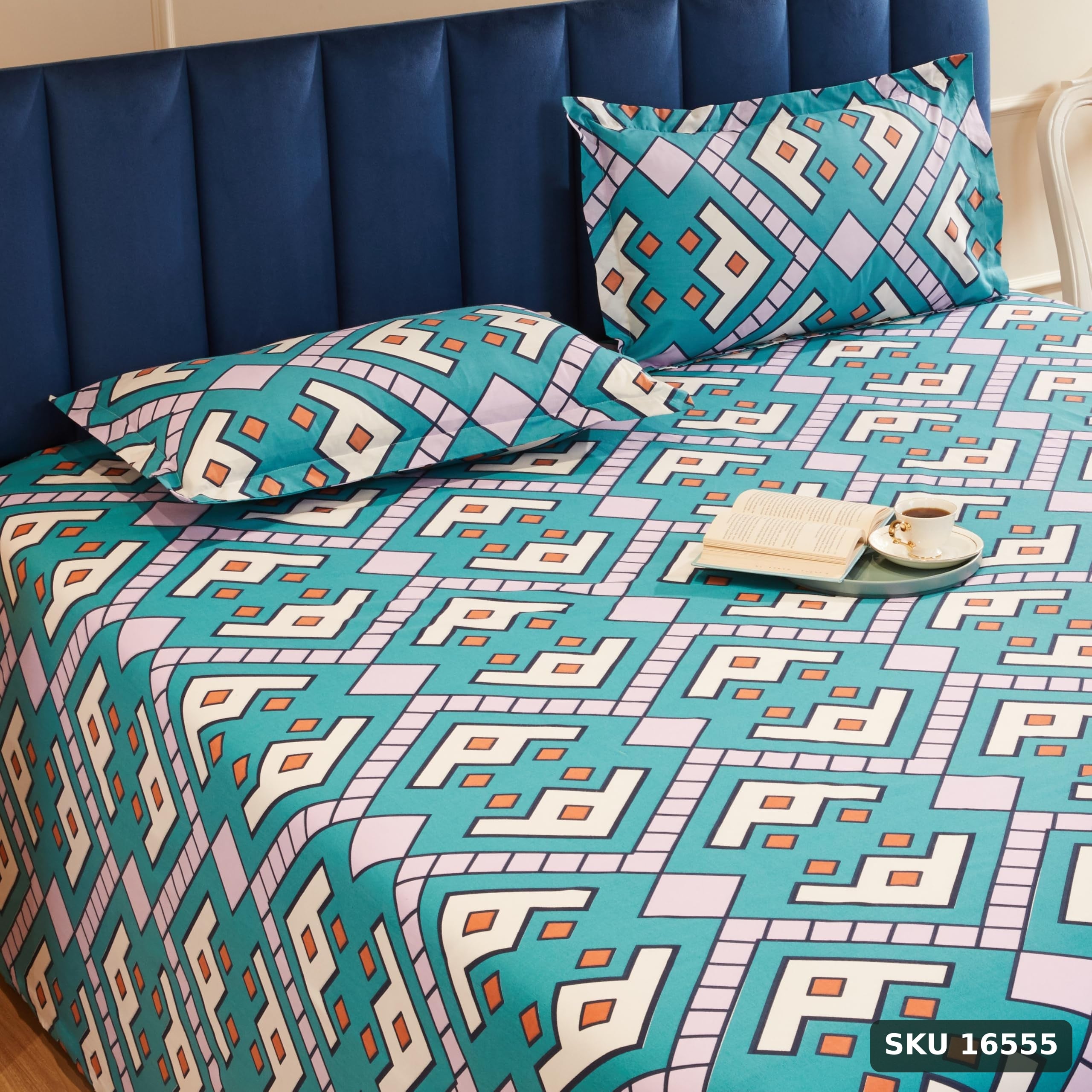 Yanchi Geometric Contour 144 TC 100% Cotton Double Bedsheet with 2 Pillow Covers, Teal Blue - SKU 16555