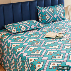 Yanchi Geometric Contour 144 TC 100% Cotton Double Bedsheet with 2 Pillow Covers, Teal Blue - SKU 16555