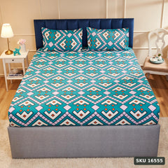 Yanchi Geometric Contour 144 TC 100% Cotton Double Bedsheet with 2 Pillow Covers, Teal Blue - SKU 16555
