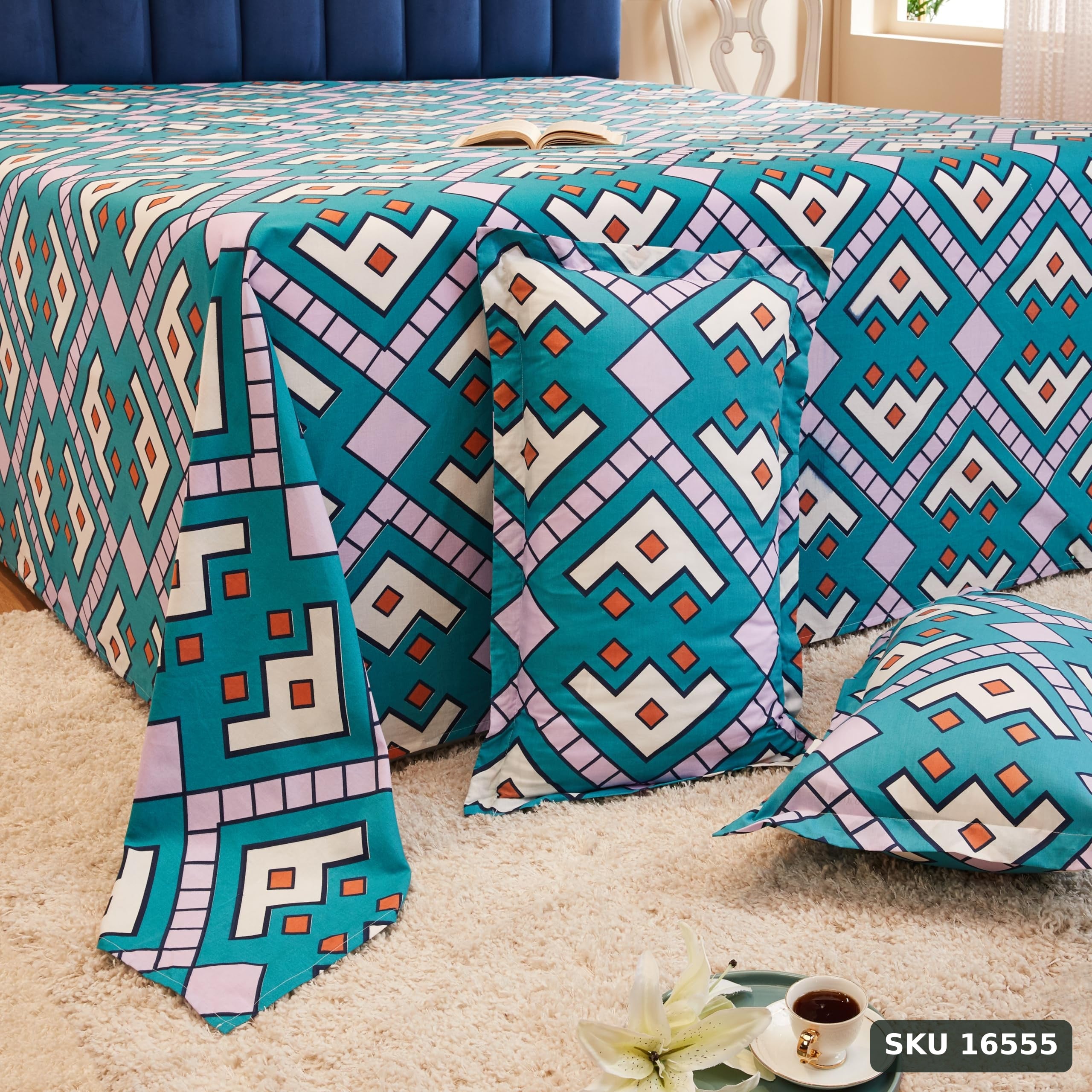 Yanchi Geometric Contour 144 TC 100% Cotton Double Bedsheet with 2 Pillow Covers, Teal Blue - SKU 16555