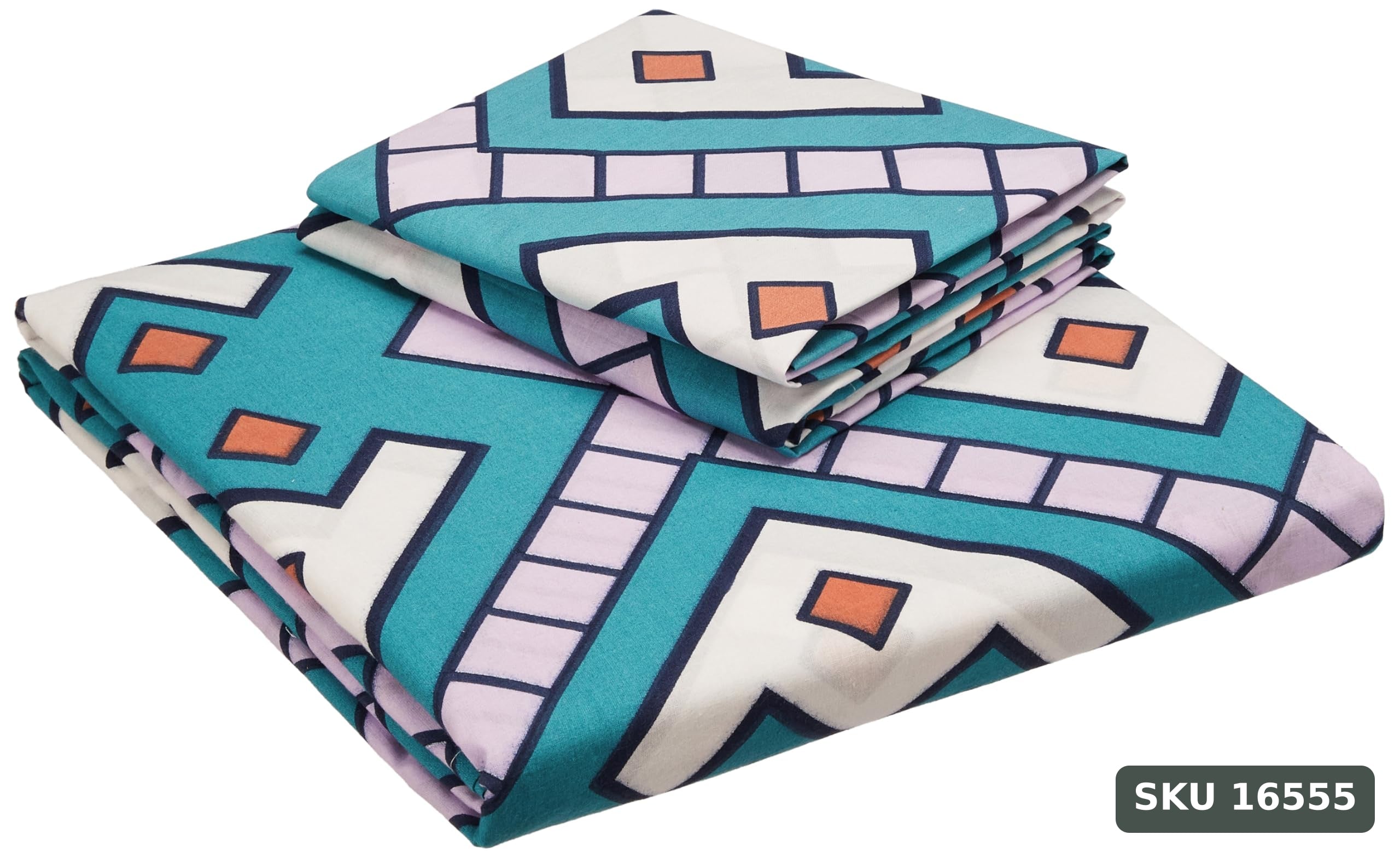 Yanchi Geometric Contour 144 TC 100% Cotton Double Bedsheet with 2 Pillow Covers, Teal Blue - SKU 16555
