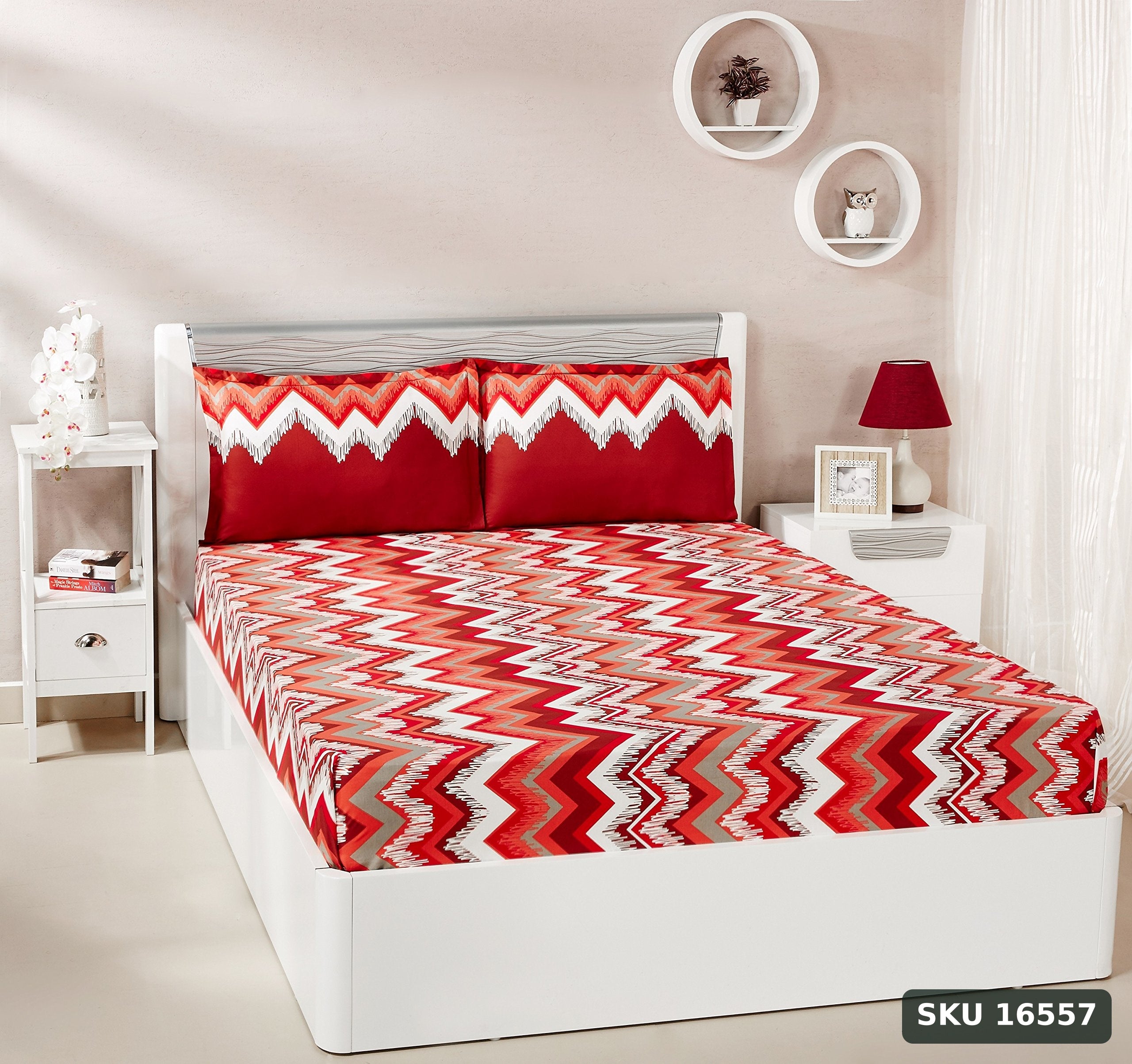 Yanchi Abstract Waves 144 TC Cotton Double Bedsheet with 2 Pillow Covers, Red - SKU 16557
