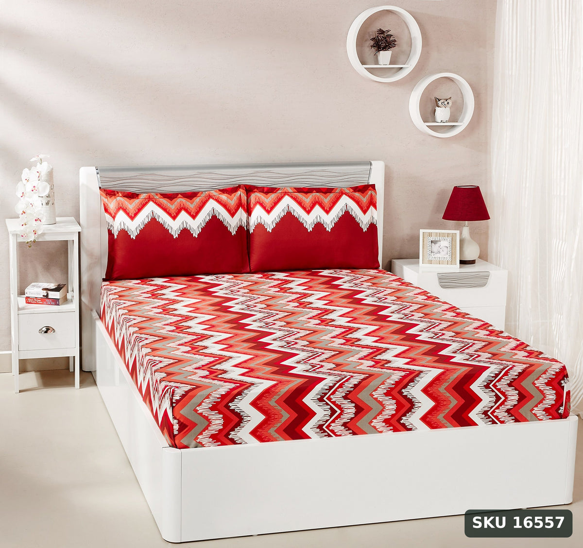 Yanchi Abstract Waves 144 TC Cotton Double Bedsheet with 2 Pillow Covers, Red - SKU 16557