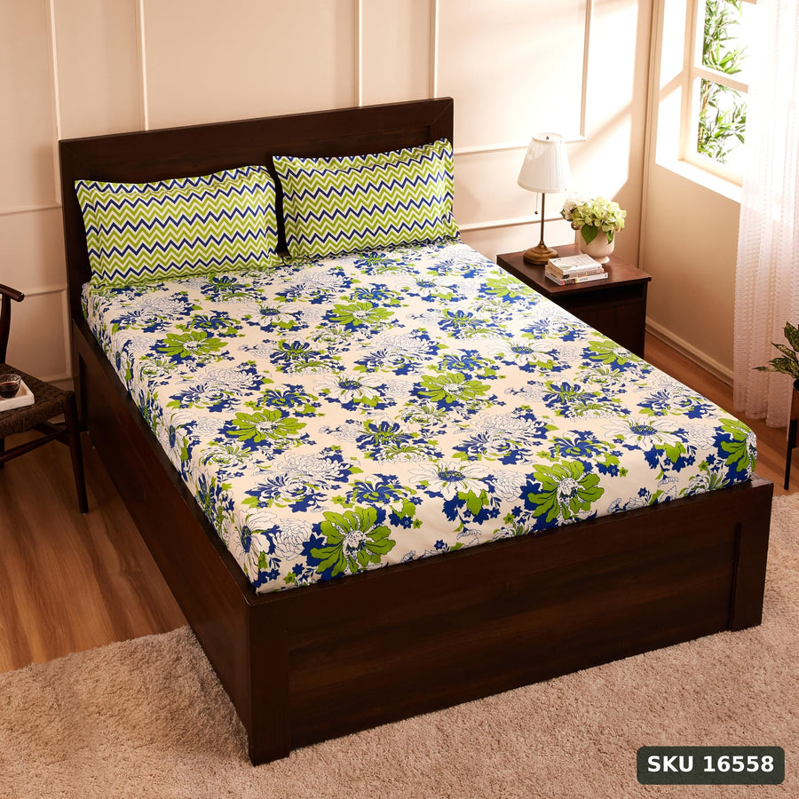Yanchi Floral Breeze 144 TC 100% Cotton Double Bedsheet with 2 Pillow Covers, Green , 144 - 200 tc - SKU 16558