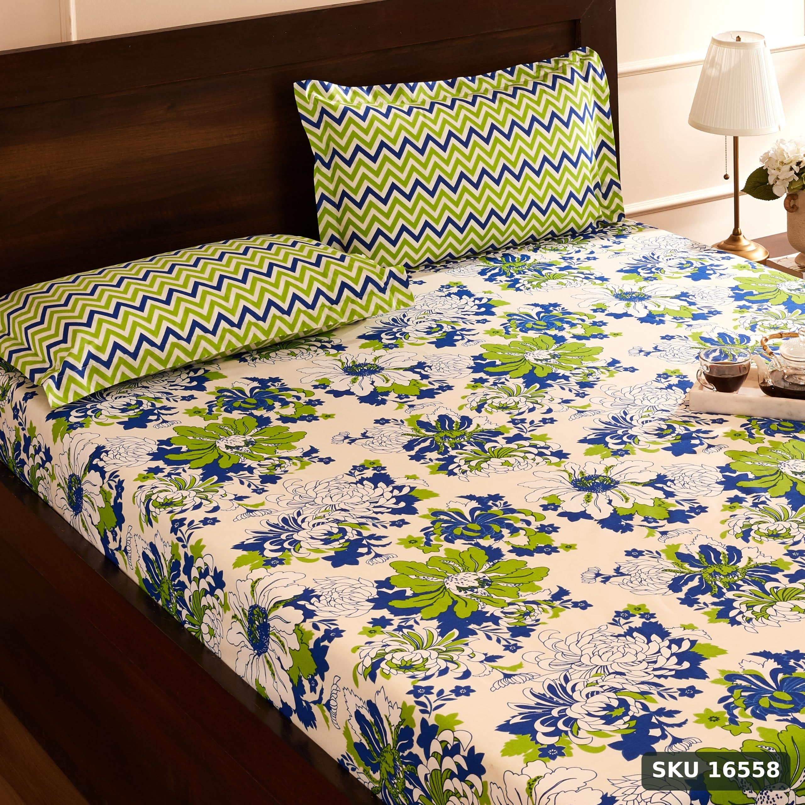 Yanchi Floral Breeze 144 TC 100% Cotton Double Bedsheet with 2 Pillow Covers, Green , 144 - 200 tc - SKU 16558