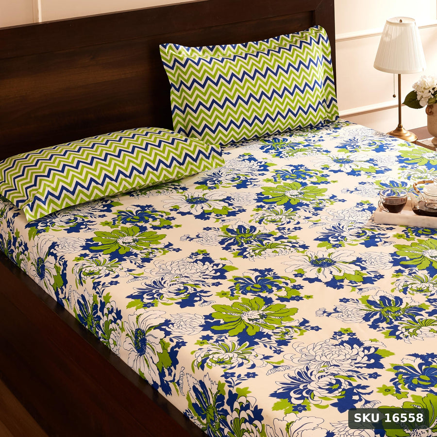 Yanchi Floral Breeze 144 TC 100% Cotton Double Bedsheet with 2 Pillow Covers, Green , 144 - 200 tc - SKU 16558