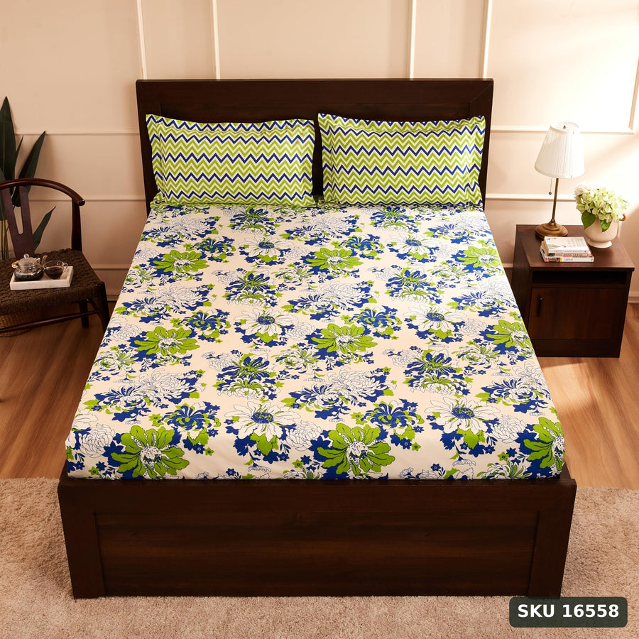 Yanchi Floral Breeze 144 TC 100% Cotton Double Bedsheet with 2 Pillow Covers, Green , 144 - 200 tc - SKU 16558