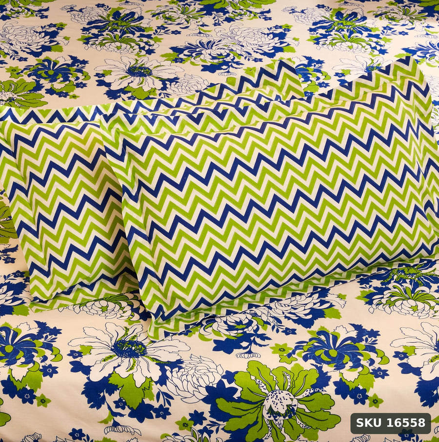 Yanchi Floral Breeze 144 TC 100% Cotton Double Bedsheet with 2 Pillow Covers, Green , 144 - 200 tc - SKU 16558