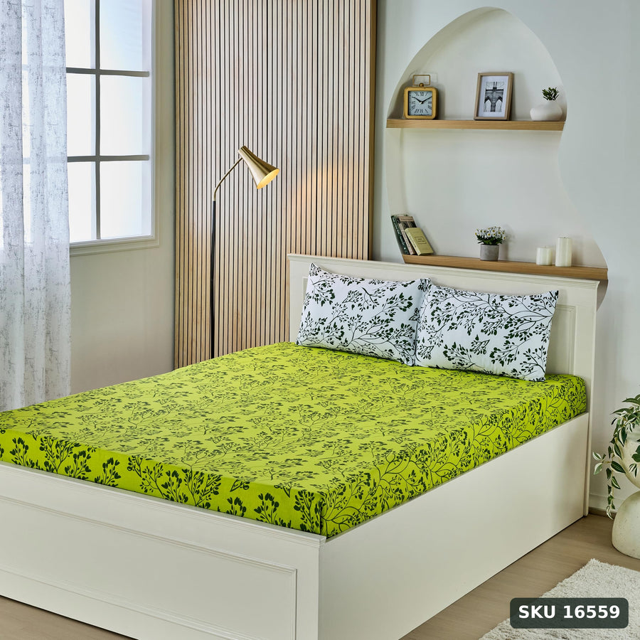 Yanchi Blissful Oasis 140 TC 100% Cotton Double Bedsheet with 2 Pillow Covers, Soft and Smooth (Floral, Light Green and Dark Green) - SKU 16559