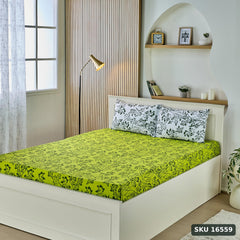 Yanchi Blissful Oasis 140 TC 100% Cotton Double Bedsheet with 2 Pillow Covers, Soft and Smooth (Floral, Light Green and Dark Green) - SKU 16559