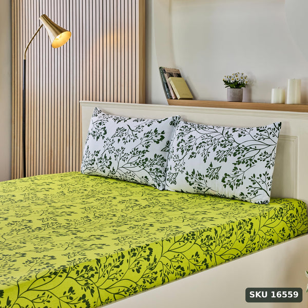 Yanchi Blissful Oasis 140 TC 100% Cotton Double Bedsheet with 2 Pillow Covers, Soft and Smooth (Floral, Light Green and Dark Green) - SKU 16559