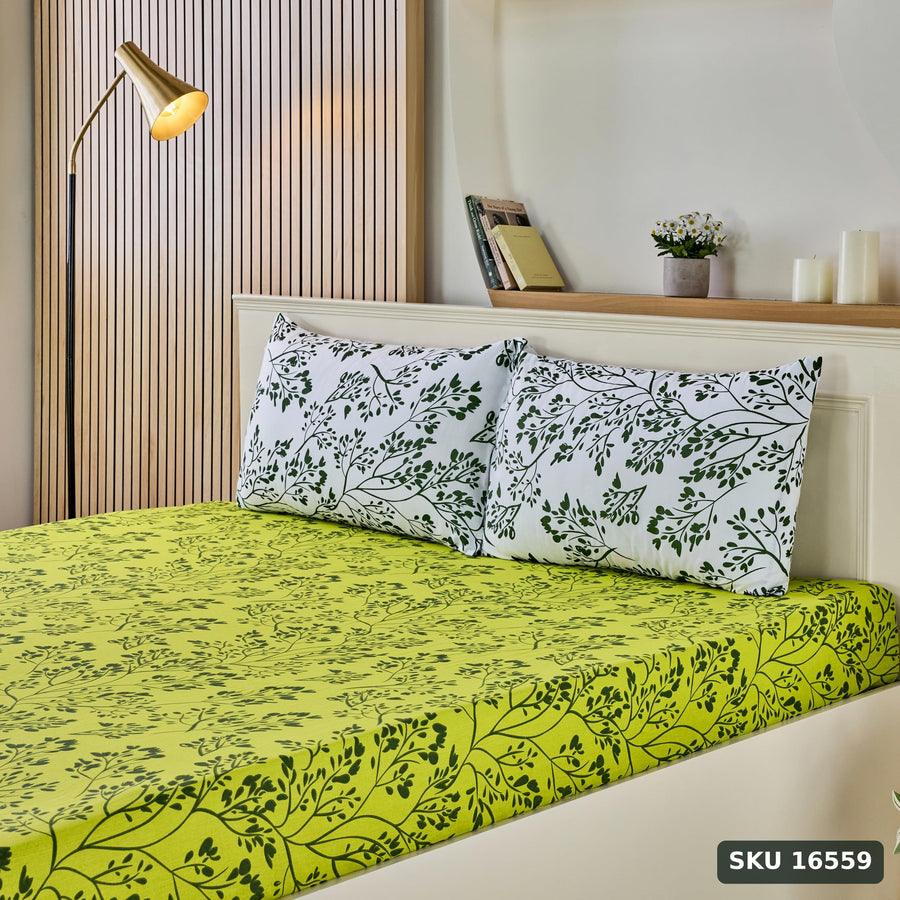 Yanchi Blissful Oasis 140 TC 100% Cotton Double Bedsheet with 2 Pillow Covers, Soft and Smooth (Floral, Light Green and Dark Green) - SKU 16559