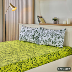 Yanchi Blissful Oasis 140 TC 100% Cotton Double Bedsheet with 2 Pillow Covers, Soft and Smooth (Floral, Light Green and Dark Green) - SKU 16559
