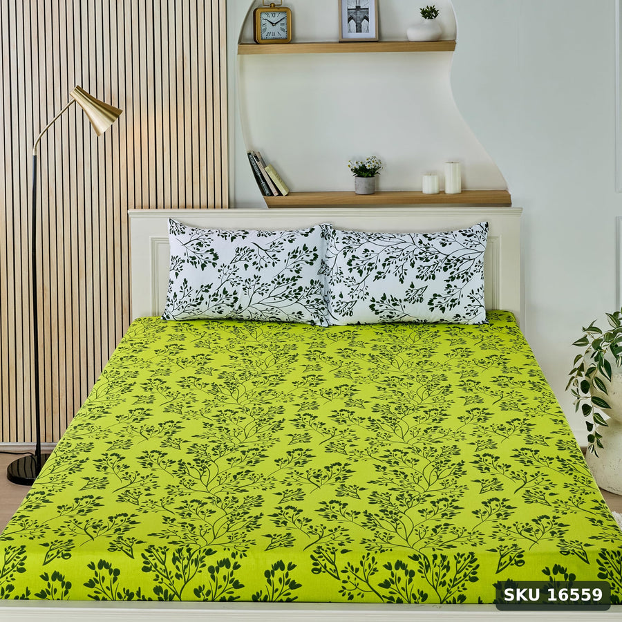 Yanchi Blissful Oasis 140 TC 100% Cotton Double Bedsheet with 2 Pillow Covers, Soft and Smooth (Floral, Light Green and Dark Green) - SKU 16559