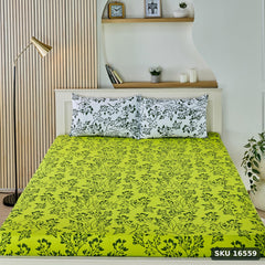 Yanchi Blissful Oasis 140 TC 100% Cotton Double Bedsheet with 2 Pillow Covers, Soft and Smooth (Floral, Light Green and Dark Green) - SKU 16559