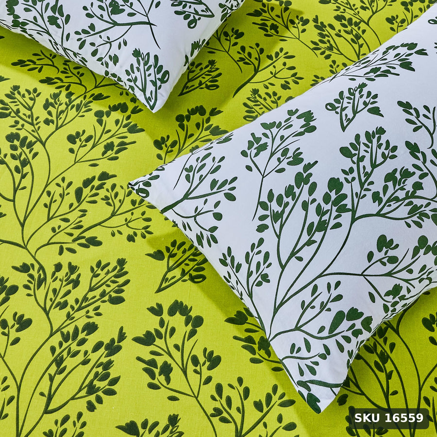 Yanchi Blissful Oasis 140 TC 100% Cotton Double Bedsheet with 2 Pillow Covers, Soft and Smooth (Floral, Light Green and Dark Green) - SKU 16559