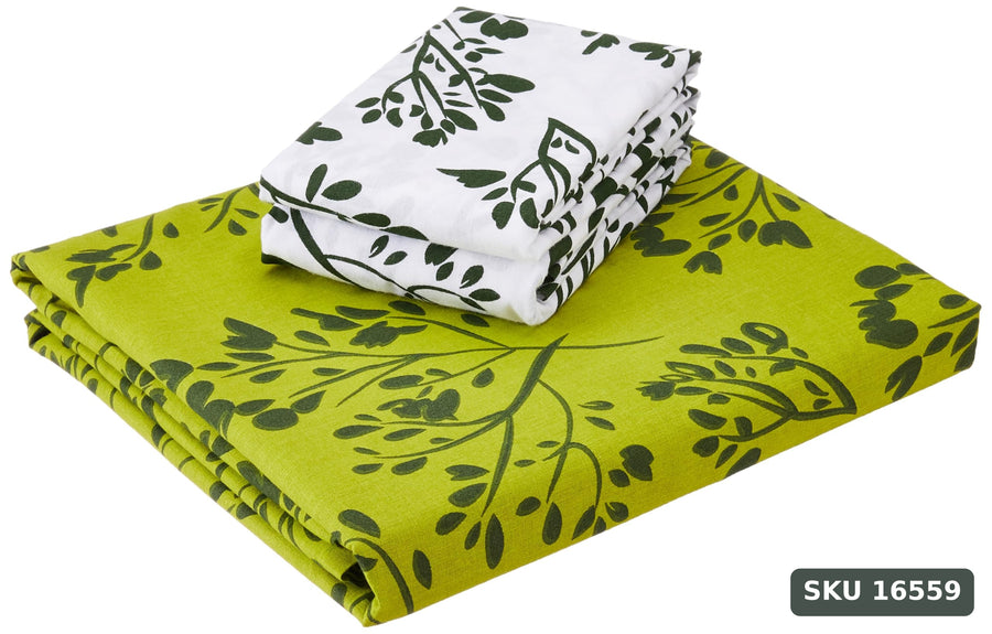 Yanchi Blissful Oasis 140 TC 100% Cotton Double Bedsheet with 2 Pillow Covers, Soft and Smooth (Floral, Light Green and Dark Green) - SKU 16559