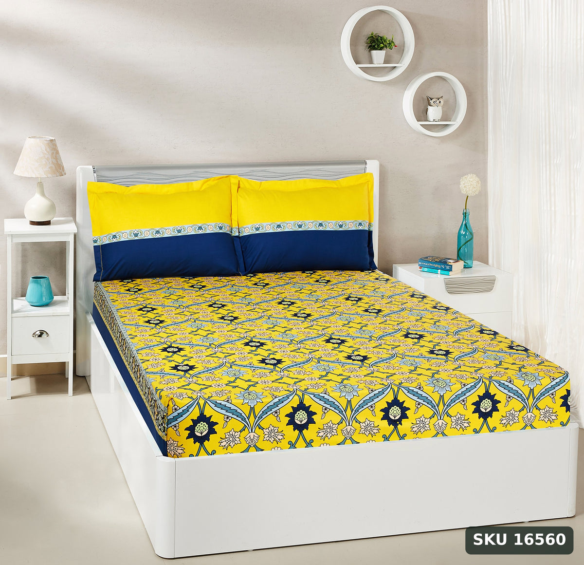 Yanchi Imperial Trail 144 TC Cotton Double Bedsheet with 2 Pillow Covers, Yellow and Navy Blue - SKU 16560