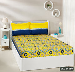 Yanchi Imperial Trail 144 TC Cotton Double Bedsheet with 2 Pillow Covers, Yellow and Navy Blue - SKU 16560