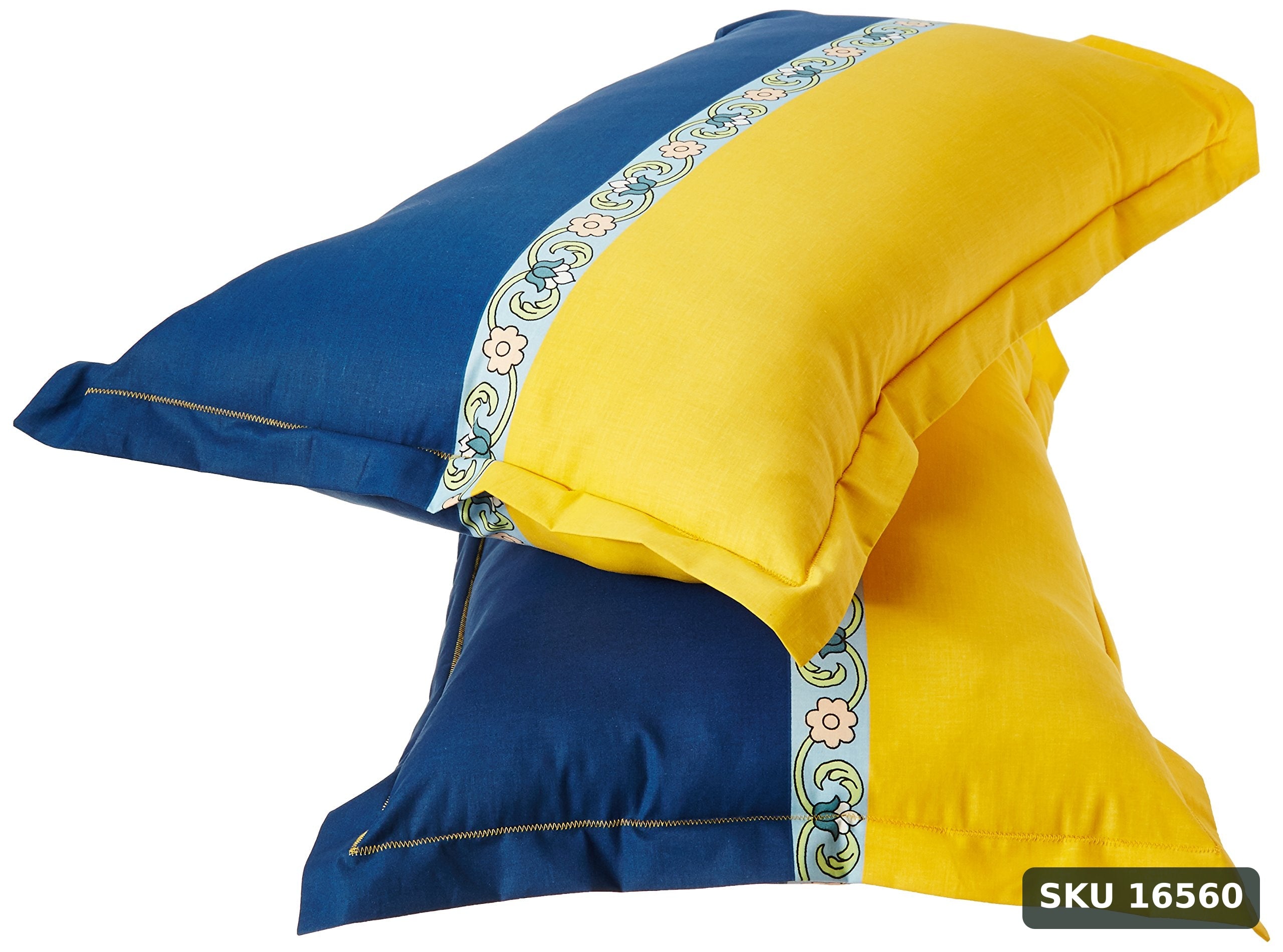 Yanchi Imperial Trail 144 TC Cotton Double Bedsheet with 2 Pillow Covers, Yellow and Navy Blue - SKU 16560