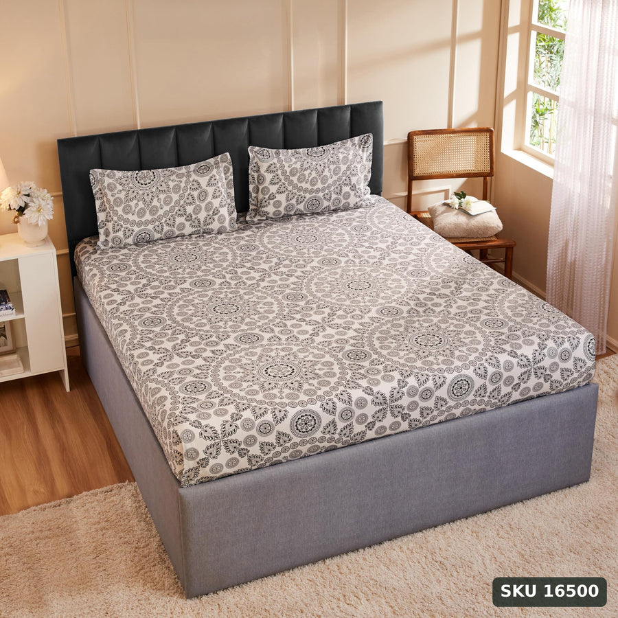 Amazon Brand - Solimo Damask Fantasy 144 TC 100% Cotton Double Bedsheet with 2 Pillow Covers, White - SKU 16500