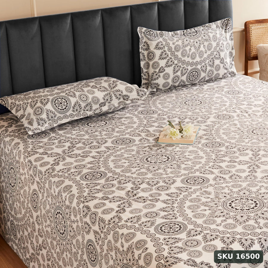 Amazon Brand - Solimo Damask Fantasy 144 TC 100% Cotton Double Bedsheet with 2 Pillow Covers, White - SKU 16500