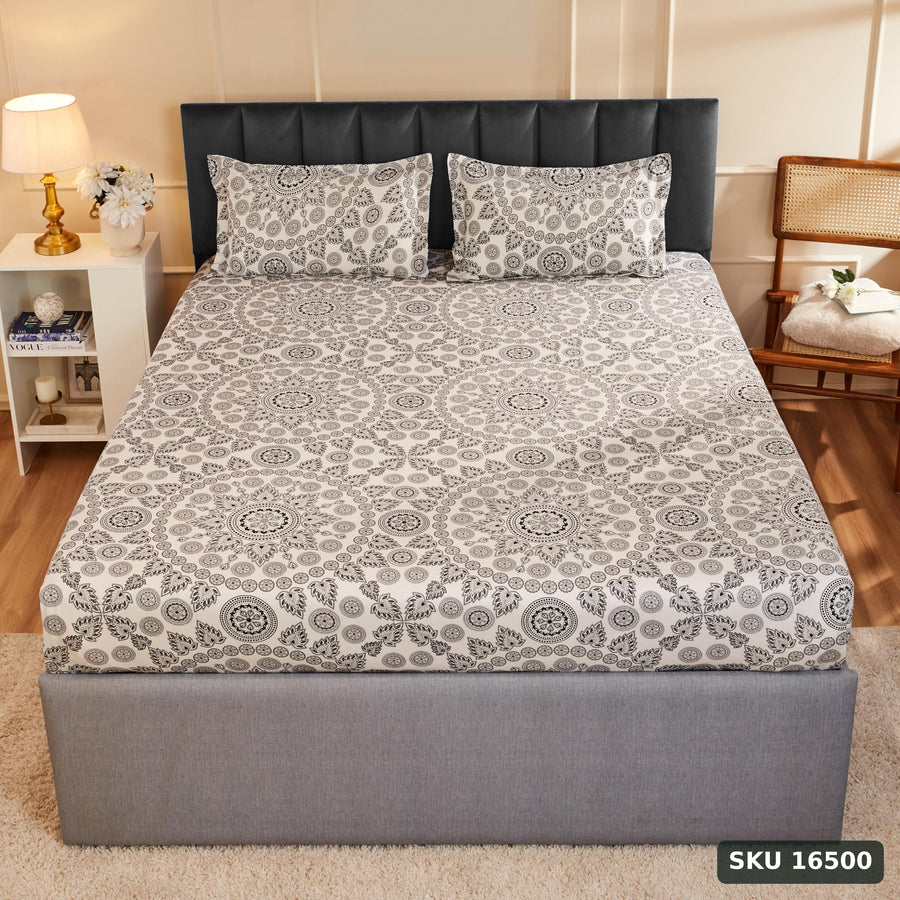 Amazon Brand - Solimo Damask Fantasy 144 TC 100% Cotton Double Bedsheet with 2 Pillow Covers, White - SKU 16500