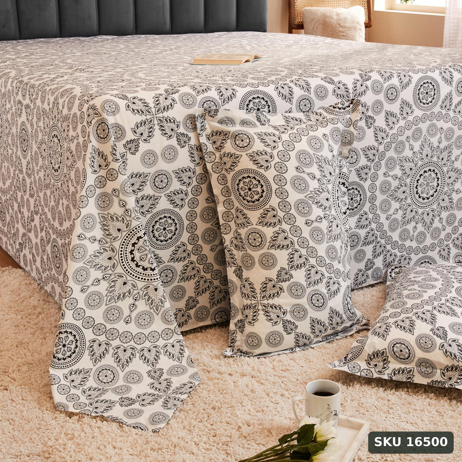 Amazon Brand - Solimo Damask Fantasy 144 TC 100% Cotton Double Bedsheet with 2 Pillow Covers, White - SKU 16500