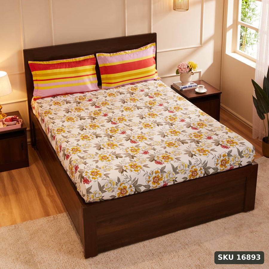Yanchi Serene Blossoms 144 TC 100% Cotton King Bedsheet with Two Pillow Covers, Soft and Smooth (Floral, Red and White) - SKU 16893