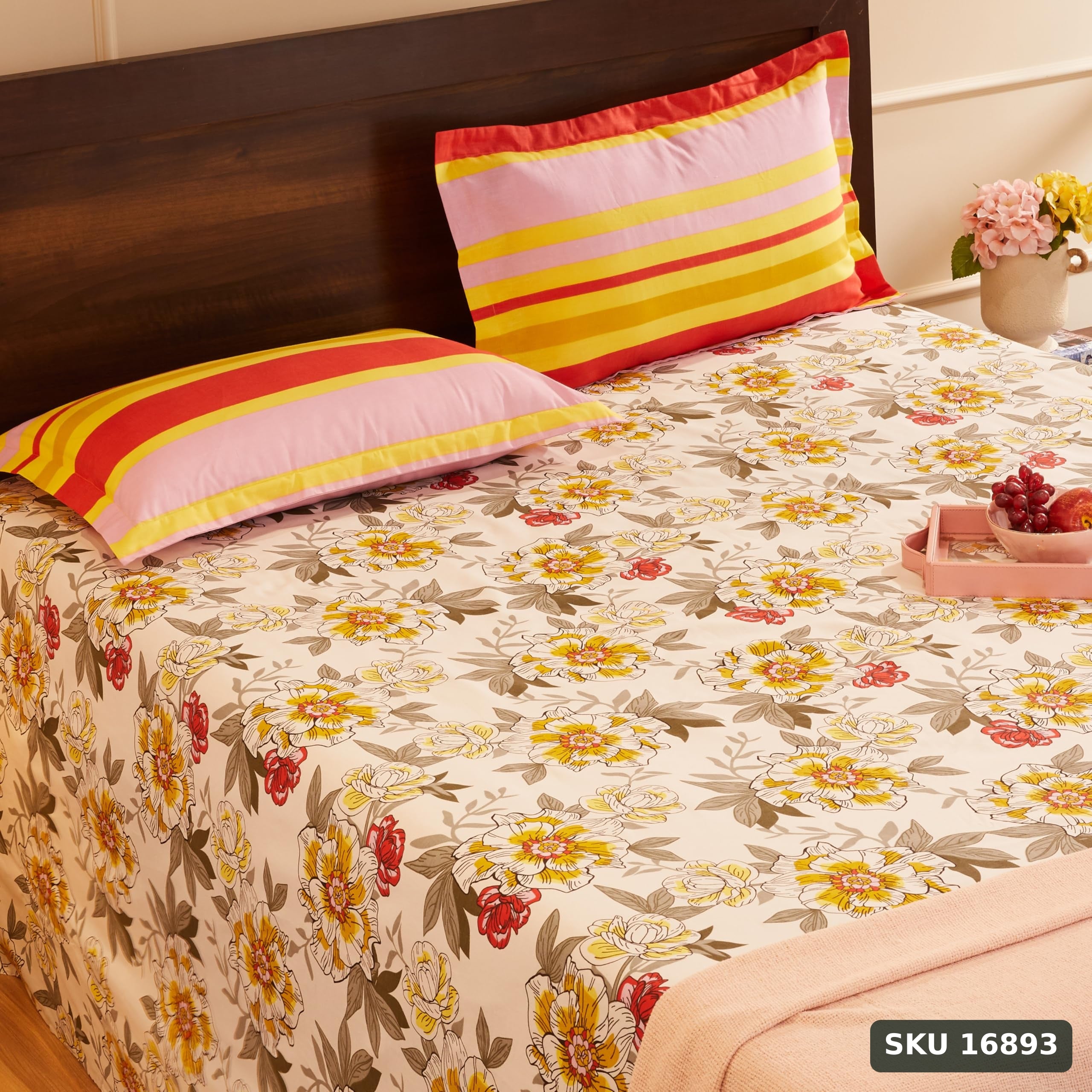 Yanchi Serene Blossoms 144 TC 100% Cotton King Bedsheet with Two Pillow Covers, Soft and Smooth (Floral, Red and White) - SKU 16893