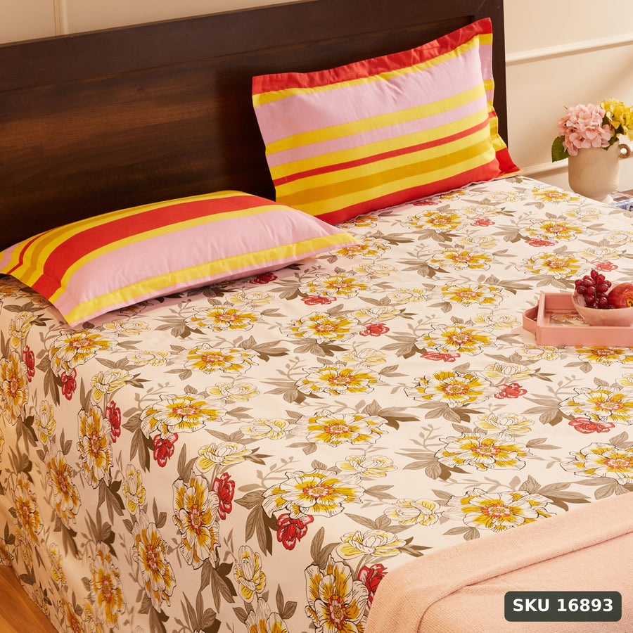 Yanchi Serene Blossoms 144 TC 100% Cotton King Bedsheet with Two Pillow Covers, Soft and Smooth (Floral, Red and White) - SKU 16893