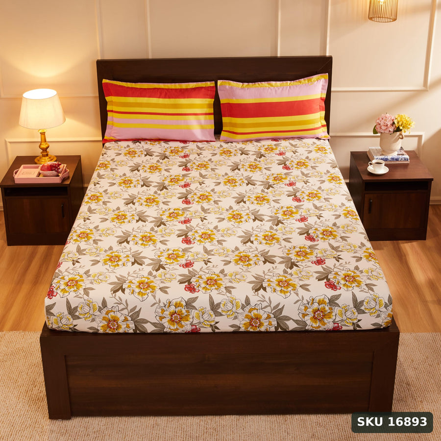 Yanchi Serene Blossoms 144 TC 100% Cotton King Bedsheet with Two Pillow Covers, Soft and Smooth (Floral, Red and White) - SKU 16893
