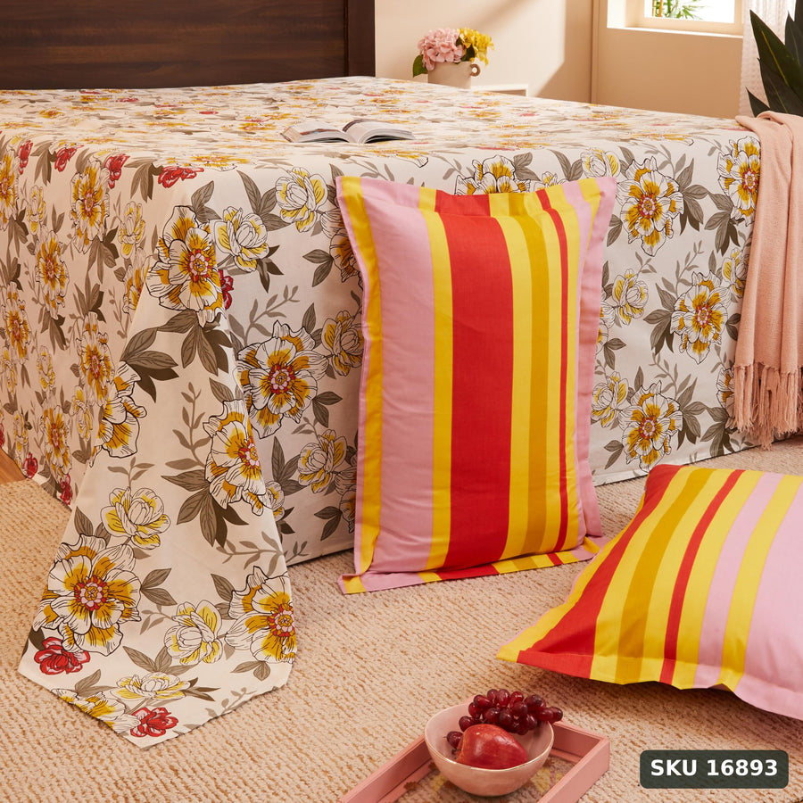 Yanchi Serene Blossoms 144 TC 100% Cotton King Bedsheet with Two Pillow Covers, Soft and Smooth (Floral, Red and White) - SKU 16893