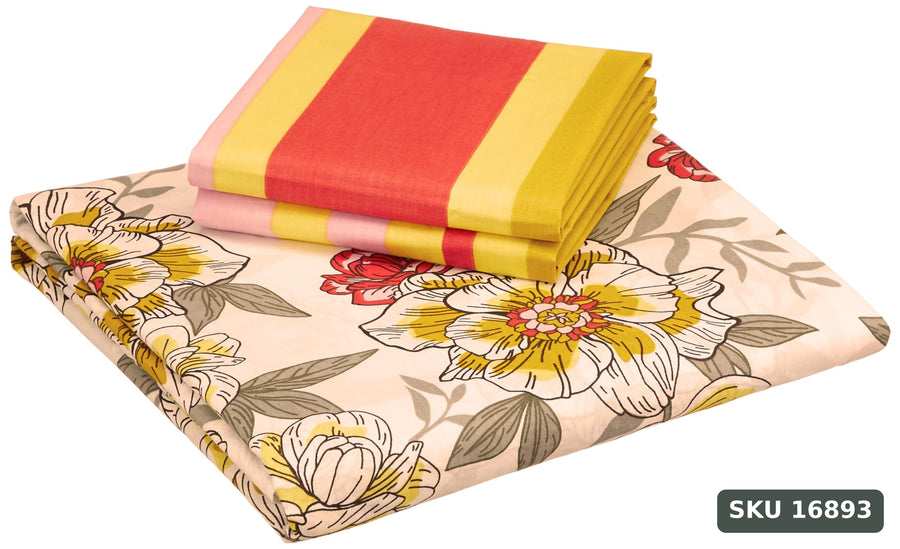 Yanchi Serene Blossoms 144 TC 100% Cotton King Bedsheet with Two Pillow Covers, Soft and Smooth (Floral, Red and White) - SKU 16893