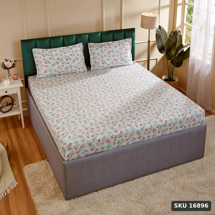 Yanchi Garden Galore 144 Tc 100% Cotton King Size Bedsheet with 2 Pillow Covers, White, Abstract - SKU 16896