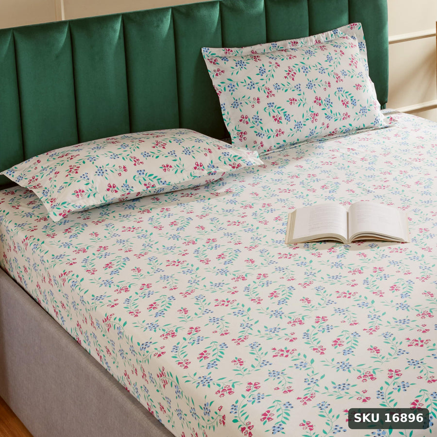 Yanchi Garden Galore 144 Tc 100% Cotton King Size Bedsheet with 2 Pillow Covers, White, Abstract - SKU 16896