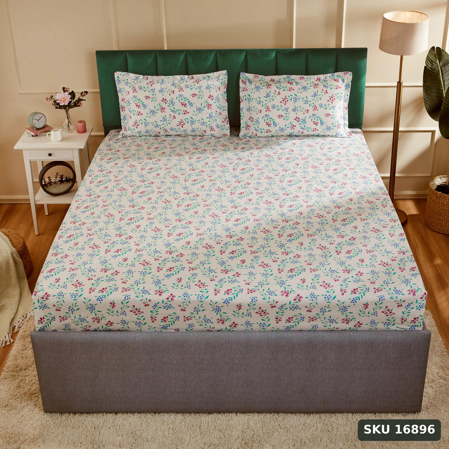 Yanchi Garden Galore 144 Tc 100% Cotton King Size Bedsheet with 2 Pillow Covers, White, Abstract - SKU 16896