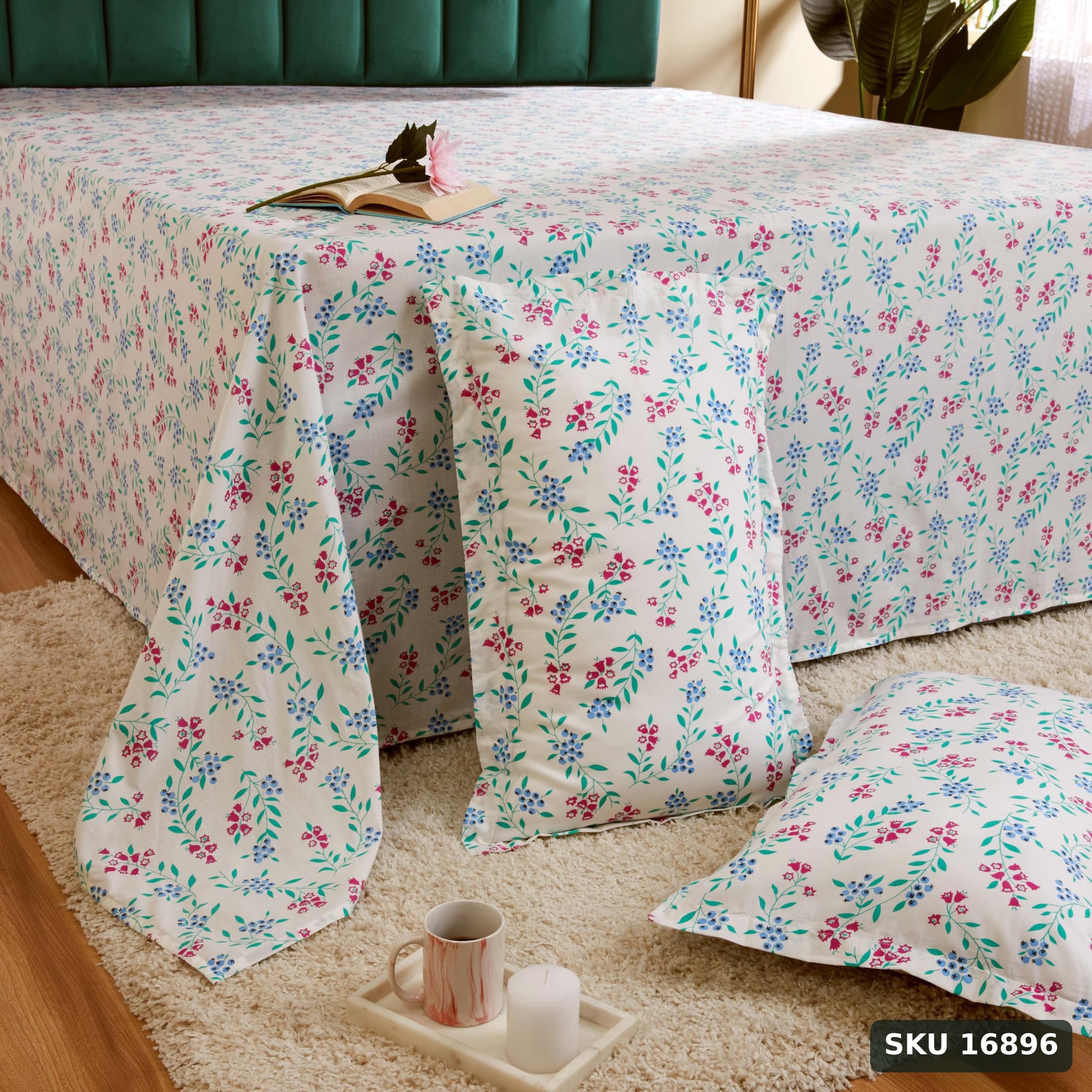 Yanchi Garden Galore 144 Tc 100% Cotton King Size Bedsheet with 2 Pillow Covers, White, Abstract - SKU 16896