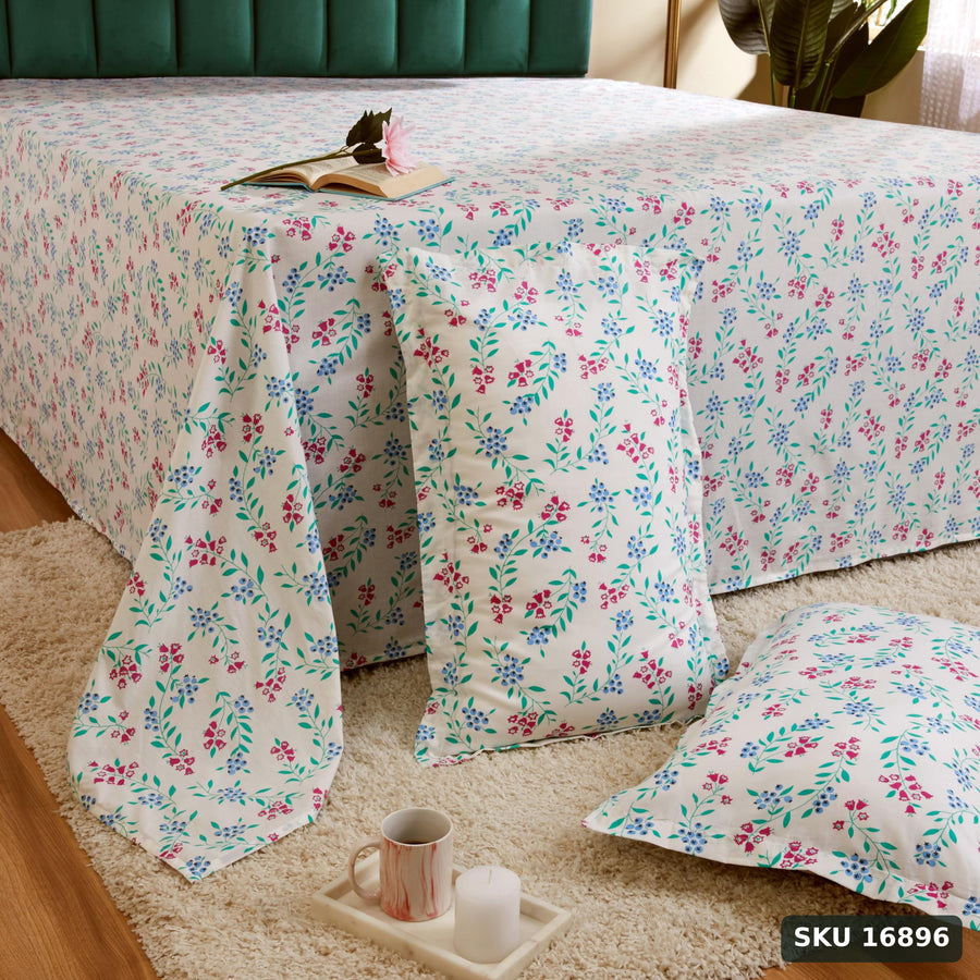Yanchi Garden Galore 144 Tc 100% Cotton King Size Bedsheet with 2 Pillow Covers, White, Abstract - SKU 16896