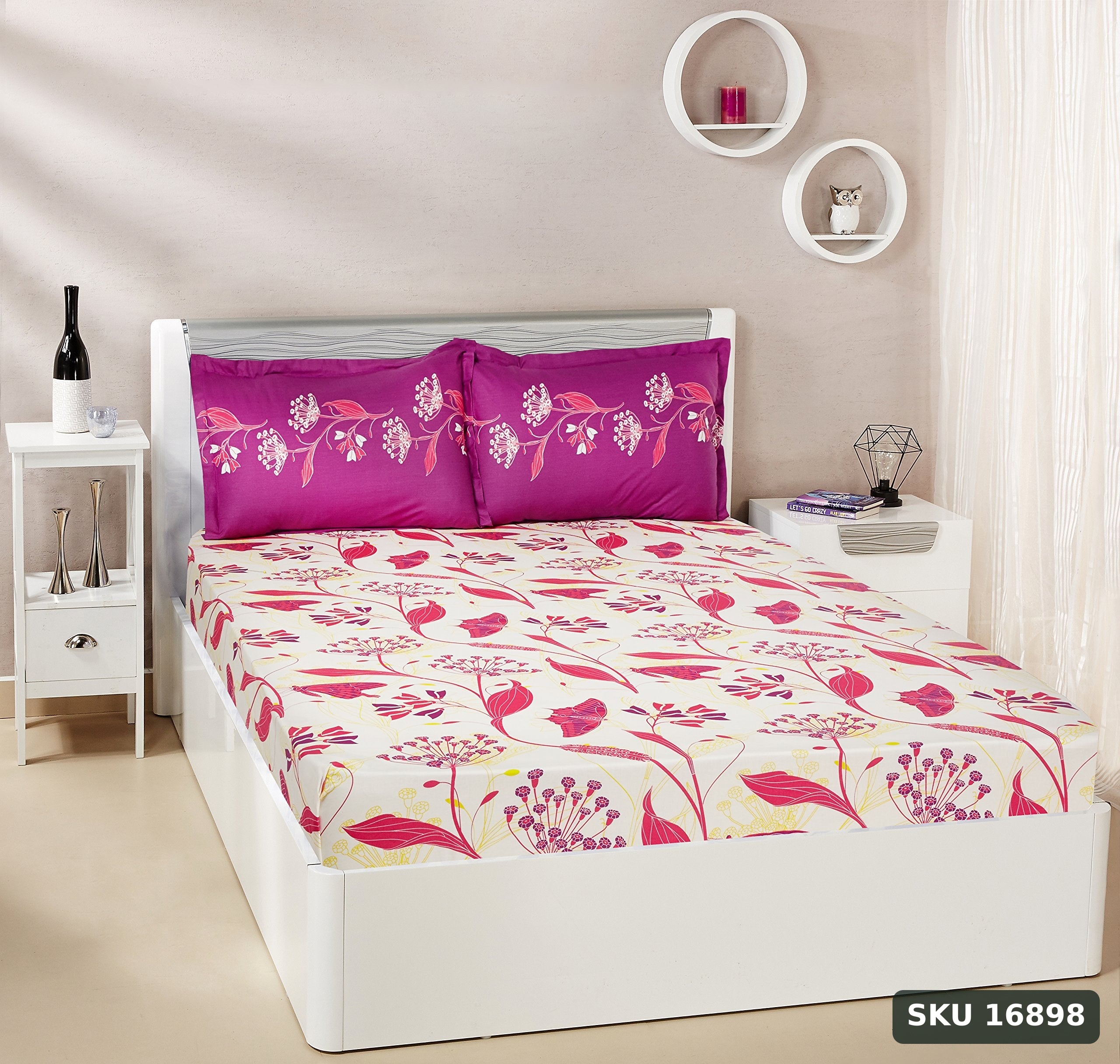 Yanchi Lily Bloom 144 TC 100% Cotton Double Bedsheet with 2 Pillow Covers, Pink, Floral - SKU 16898