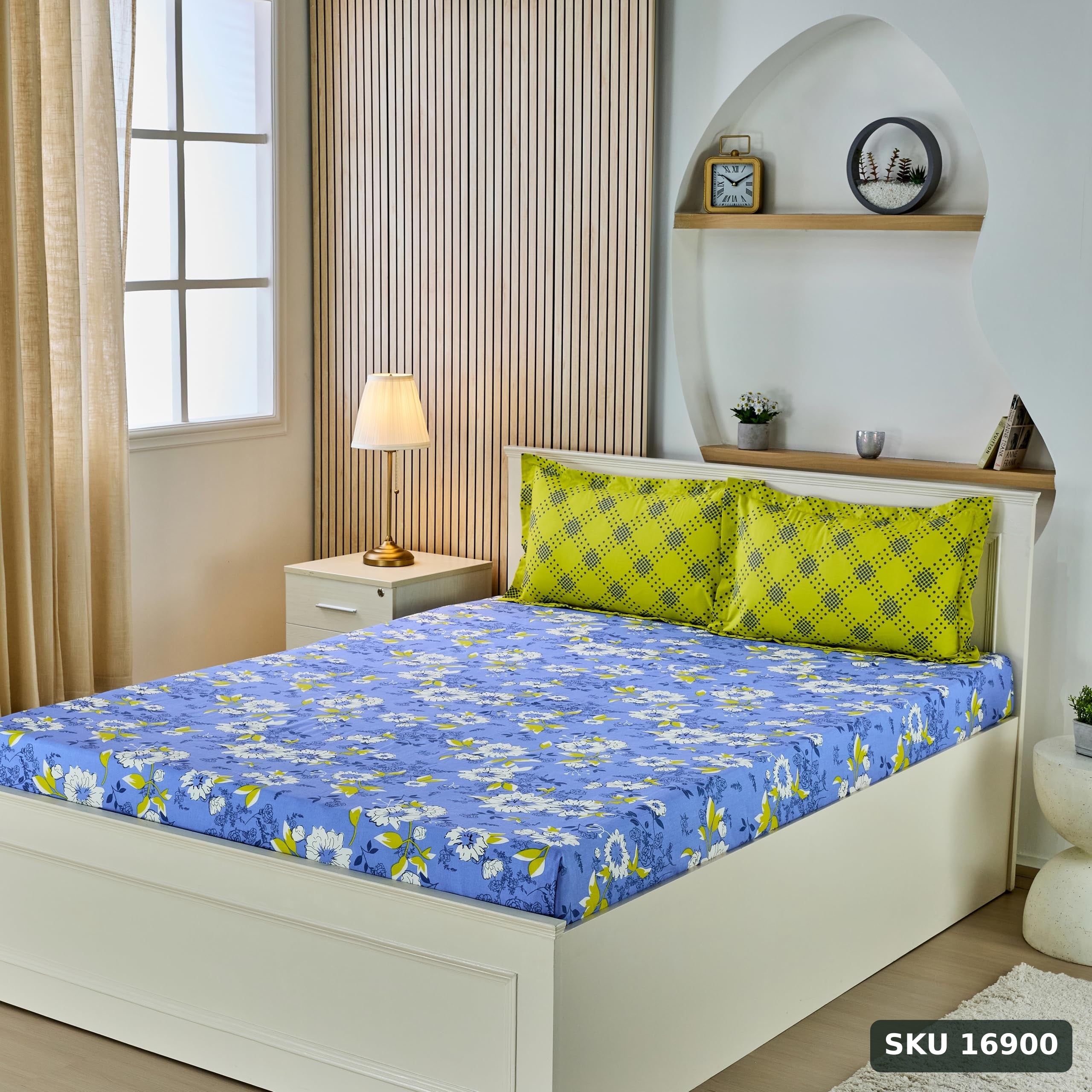 Yanchi Floral Repose 144 TC 100% Cotton King Bedsheet with Two Pillow Covers, Soft and Smooth (Floral, Blue and Green) - SKU 16900